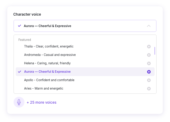 Character voice selection — choose from 30+ voices
