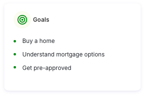 Goals — buy a home, understand mortgage options, get pre-approved